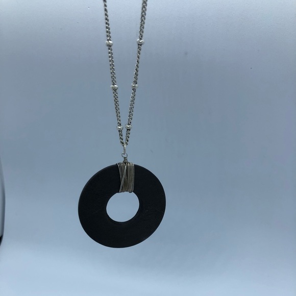Silver Tone Necklace with Wooden Disc - Picture 5 of 5